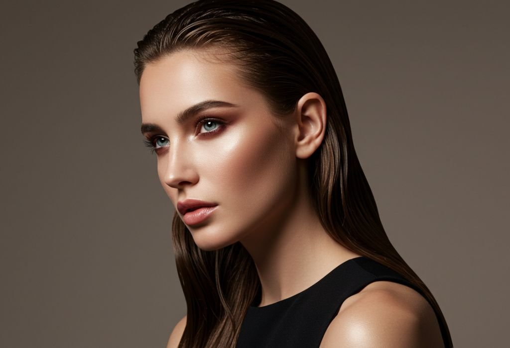 Cabelo com efeito Molhado Tendência para 2025 1 Mulher linda com Cabelo com efeito Molhado